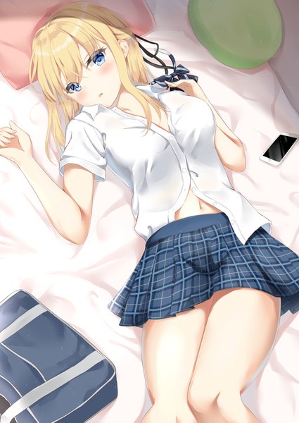 Anime picture 1290x1821 with original kanade pa single long hair tall image looking at viewer blush fringe breasts open mouth blue eyes light erotic blonde hair hair between eyes large breasts bent knee (knees) lying head tilt pleated skirt from above