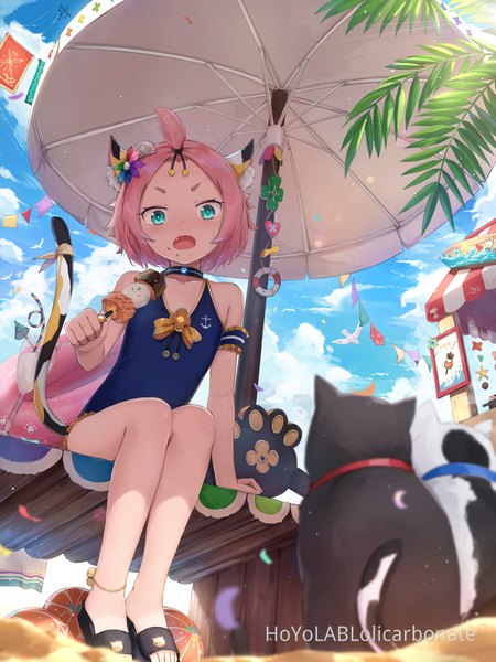 Anime picture 1920x2560 with genshin impact diona (genshin impact) rikuraku single tall image looking at viewer blush highres short hair open mouth sitting animal ears pink hair sky cloud (clouds) outdoors tail animal tail aqua eyes cat ears