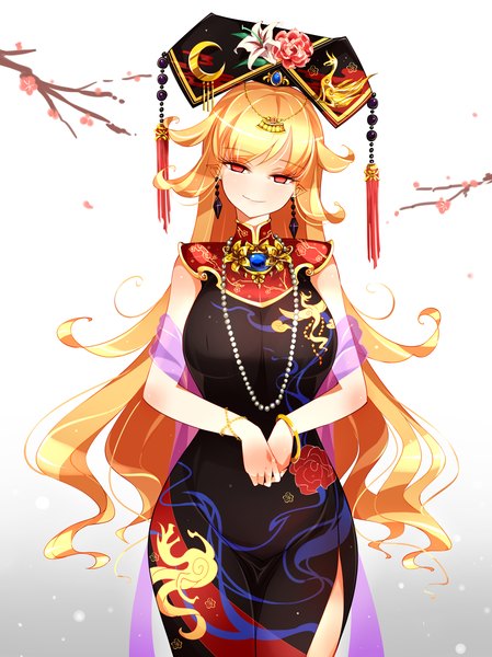 Anime picture 2247x3000 with touhou junko (touhou) raptor7 single long hair tall image looking at viewer highres light erotic simple background blonde hair smile red eyes standing head tilt gradient background side slit plum blossoms girl dress
