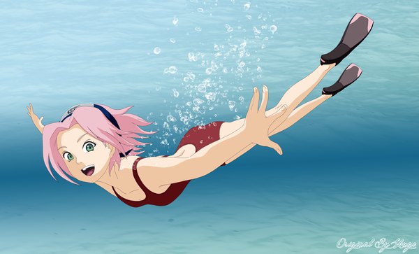 Anime picture 3566x2158 with naruto studio pierrot naruto (series) haruno sakura shugo19 single looking at viewer highres short hair open mouth light erotic wide image green eyes signed pink hair absurdres full body underwater swimming girl