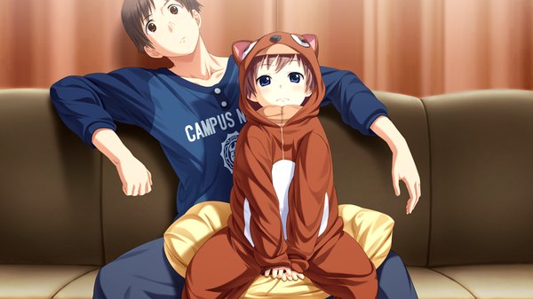Anime picture 1024x576 with suigetsu 2 short hair blue eyes black hair brown hair wide image sitting brown eyes game cg girl boy couch pajamas