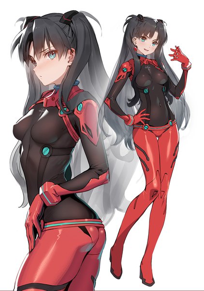 Anime picture 1200x1705 with fate (series) fate/stay night toosaka rin siino long hair tall image looking at viewer blush fringe breasts open mouth blue eyes light erotic black hair simple background standing white background full body ass two side up
