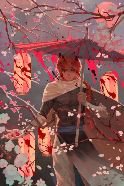 Anime picture 3600x5400 with gintama sunrise (studio) kamui (gintama) awanqi single long hair tall image highres blue eyes signed absurdres red hair braid (braids) traditional clothes night cherry blossoms single braid chinese clothes blood on face bloody clothes