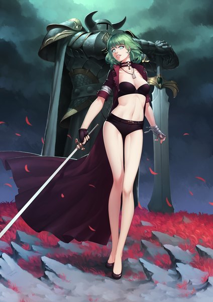 Anime picture 2480x3507 with original daye bie qia lian tall image looking at viewer highres short hair light erotic green eyes green hair girl gloves navel weapon petals sword choker shorts armor fingerless gloves short shorts