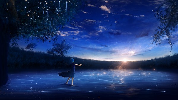 Anime picture 2560x1440 with original y y (ysk ygc) single long hair highres wide image blue hair sky cloud (clouds) partially submerged lens flare evening sunset spread arms horizon landscape morning sunrise girl dress