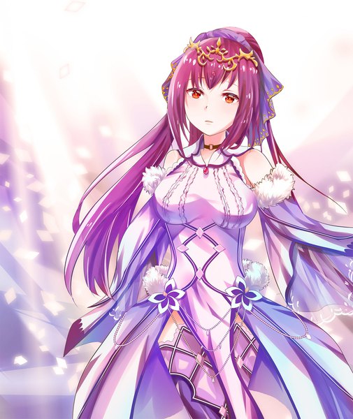 Anime picture 1600x1901 with fate (series) fate/grand order scathach (fate) (all) scathach skadi (fate) mutang single long hair tall image looking at viewer fringe red eyes standing bare shoulders purple hair ponytail fur trim girl thighhighs dress hair ornament
