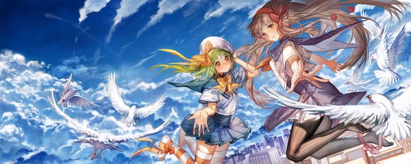 Anime picture 1800x720 with original biji long hair looking at viewer blush highres open mouth smile brown hair wide image multiple girls brown eyes cloud (clouds) orange eyes no shoes city flying girl thighhighs dress