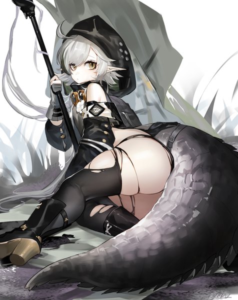 Anime picture 1500x1890 with arknights tomimi (arknights) nima (niru54) single tall image looking at viewer fringe short hair light erotic hair between eyes sitting holding brown eyes signed full body ahoge bent knee (knees) ass tail animal tail