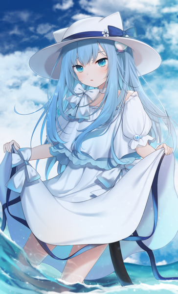 Anime picture 1000x1650 with original nekoha shizuku nachi single long hair tall image looking at viewer blush fringe open mouth blue eyes standing animal ears blue hair sky cloud (clouds) outdoors tail blunt bangs animal tail