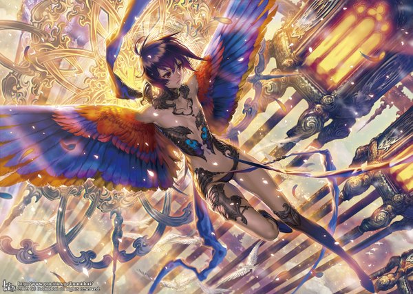 Anime picture 1219x870 with original midori foo short hair purple eyes purple hair full body wallpaper watermark flying girl navel animal petals wings bird (birds) thigh boots