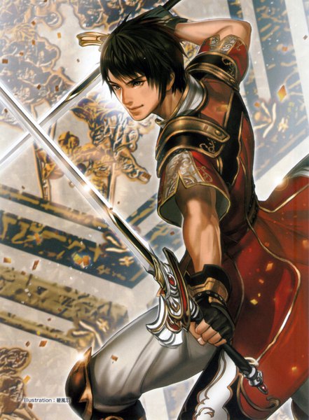 Anime picture 2456x3337 with warriors orochi (game) lu xun midori foo single tall image blush highres short hair black hair smile holding brown eyes signed looking away traditional clothes short sleeves chinese clothes fighting stance dual wielding boy