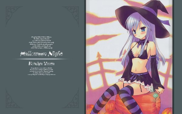 Anime picture 1920x1200 with komiya yuuta single long hair blush highres blue eyes light erotic wide image sitting blue hair halloween witch girl thighhighs skirt hat detached sleeves witch hat striped thighhighs bikini top