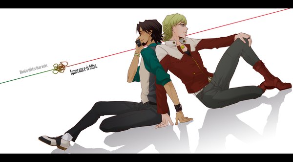 Anime picture 1950x1075 with tiger & bunny sunrise (studio) kaburagi t. kotetsu barnaby brooks jr. sharp rainy712 highres short hair simple background blonde hair brown hair wide image white background sitting full body eyes closed profile arm support multiple boys shadow letterboxed