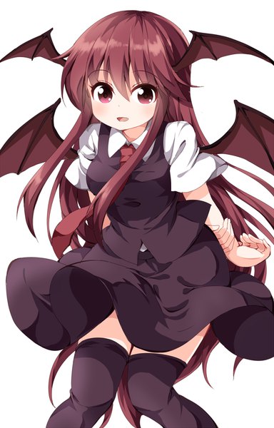 Anime picture 600x937 with touhou koakuma ruu (tksymkw) single long hair tall image looking at viewer blush fringe open mouth simple background smile hair between eyes red eyes brown hair standing white background payot :d wind