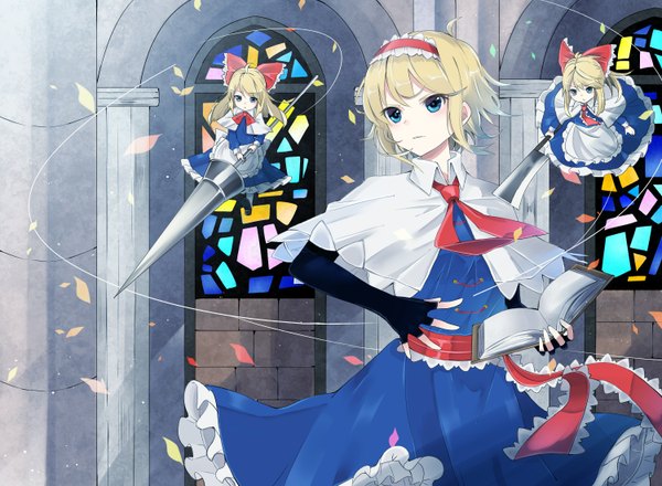 Anime picture 1500x1100 with touhou alice margatroid taiki (ozone) short hair blue eyes blonde hair multiple girls looking away girl dress bow weapon hair bow necktie hairband fingerless gloves book (books) 3 girls doll (dolls) thread