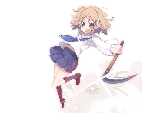 Anime picture 1280x1024 with hanasaku iroha p.a. works matsumae ohana single blush short hair open mouth simple background blonde hair white background brown eyes girl skirt hair ornament weapon socks serafuku black socks