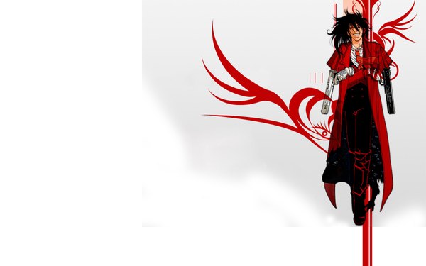 Anime picture 1920x1200 with hellsing alucard (hellsing) single highres black hair simple background smile red eyes wide image white background teeth fang (fangs) grin crossed arms eyes boy weapon necktie gun suit