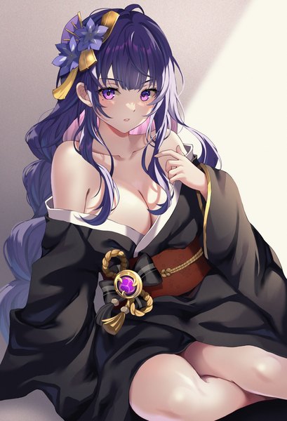 Anime picture 2073x3042 with genshin impact raiden shogun wanatsu 15 single long hair tall image looking at viewer fringe highres breasts light erotic large breasts sitting purple eyes cleavage purple hair blunt bangs braid (braids) traditional clothes parted lips