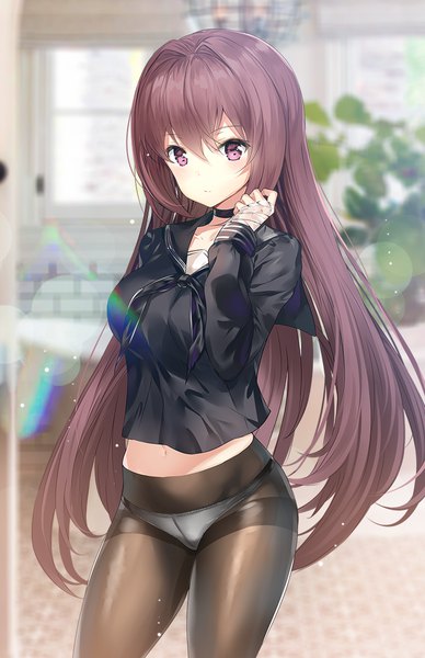 Anime picture 719x1110 with fate (series) fate/grand order scathach (fate) (all) scathach (fate) ero waifu single long hair tall image looking at viewer blush fringe breasts light erotic hair between eyes brown hair standing outdoors long sleeves pink eyes lens flare