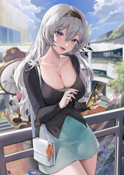 Anime picture 4949x7000 with honkai: star rail honkai (series) firefly (honkai: star rail) clockie (honkai: star rail) lillly single long hair tall image looking at viewer fringe highres breasts open mouth light erotic smile hair between eyes large breasts standing purple eyes holding