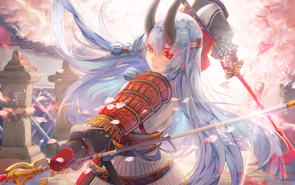 Anime picture 2047x1285 with fate (series) fate/grand order tomoe gozen (fate) saihate (d3) single long hair looking at viewer fringe highres hair between eyes red eyes holding silver hair upper body outdoors arm up horn (horns) floating hair cherry blossoms outstretched arm