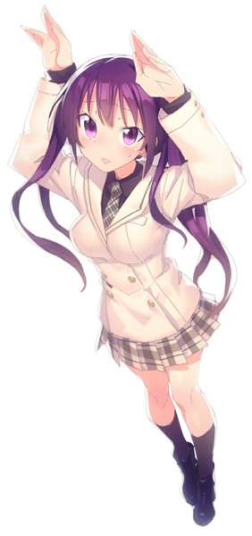 Anime picture 470x1000 with gochuumon wa usagi desu ka? white fox tedeza rize mckeee single long hair tall image blush fringe open mouth simple background white background purple eyes twintails purple hair pleated skirt from above plaid skirt girl skirt