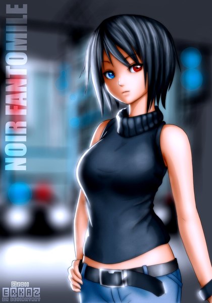 Anime picture 1000x1429 with original noir fantomile erkaz single tall image short hair blue eyes black hair red eyes inscription hand on hip heterochromia girl belt sweater jeans