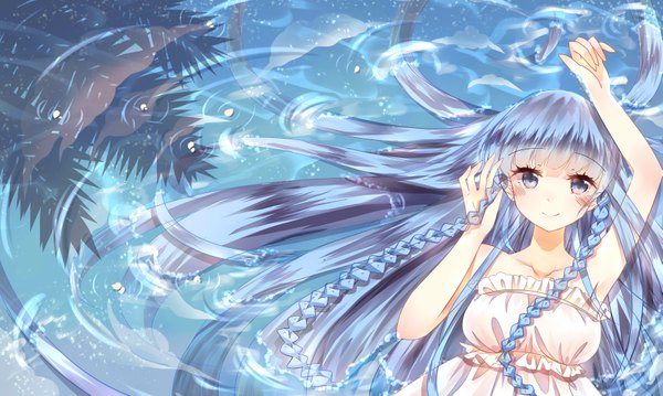 Anime picture 6889x4133 with original 3000 xiao chun single long hair looking at viewer blush highres blue eyes smile wide image blue hair absurdres braid (braids) girl dress water sundress