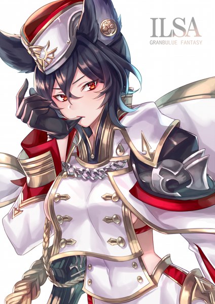 Anime picture 1061x1500 with granblue fantasy ilsa (granblue fantasy) zoff (daria) single tall image looking at viewer blush fringe short hair breasts black hair simple background hair between eyes red eyes standing white background animal ears upper body copyright name character names