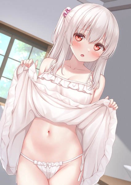 Anime picture 2508x3541 with original tisshu (karutamo) karutamo single long hair tall image looking at viewer blush fringe highres breasts open mouth light erotic hair between eyes red eyes standing holding white hair indoors :o