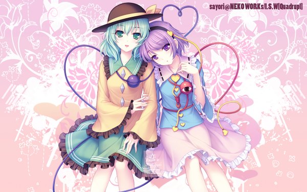 Anime picture 1280x800 with touhou komeiji koishi komeiji satori sayori looking at viewer short hair open mouth blue eyes smile wide image sitting purple eyes multiple girls blue hair purple hair heart of string girl hair ornament ribbon (ribbons) 2 girls