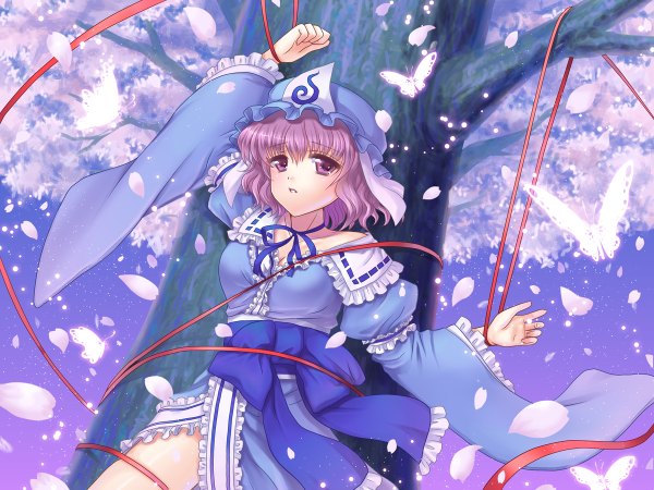 Anime picture 1200x900 with touhou saigyouji yuyuko single short hair pink hair pink eyes cherry blossoms girl dress ribbon (ribbons) plant (plants) petals tree (trees) belt insect butterfly bonnet
