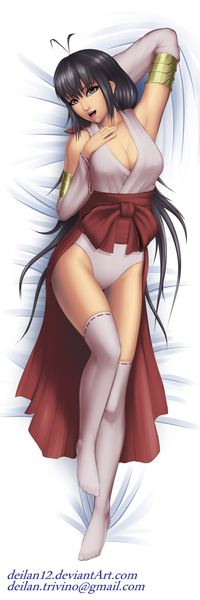 Anime picture 591x1772 with deilan12 (artist) single long hair tall image looking at viewer fringe breasts open mouth light erotic black hair cleavage full body lying traditional clothes japanese clothes grey eyes dakimakura (medium) girl thighhighs white thighhighs