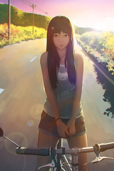 Anime picture 1000x1500 with guweiz single long hair tall image looking at viewer smile brown hair standing brown eyes sky lips evening anaglyph street girl plant (plants) shorts ground vehicle bicycle