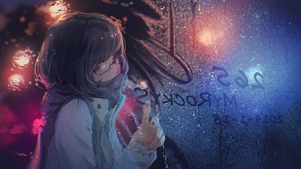 Anime picture 1920x1080 with original myrockys single fringe highres short hair black hair wide image brown eyes signed upper body nail polish fingernails wallpaper dated rain covered mouth bob cut girl glasses