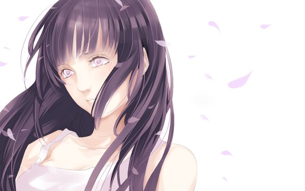 Anime picture 1920x1200 with naruto studio pierrot naruto (series) hyuuga hinata tayuya1130 single long hair fringe highres wide image white background purple eyes bare shoulders purple hair girl petals