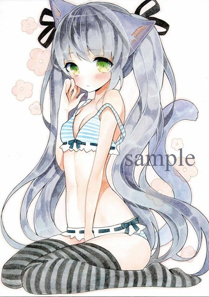 Anime picture 705x1000 with original mugicha0929 single tall image looking at viewer blush light erotic white background sitting twintails green eyes animal ears silver hair tail very long hair animal tail cat ears cat girl cat tail underwear only