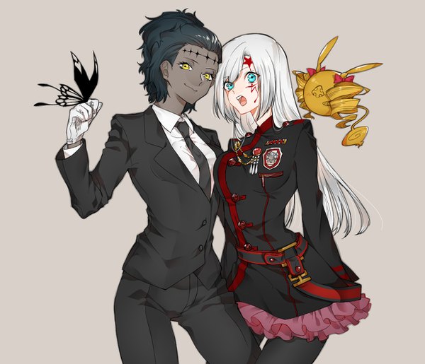 Anime picture 1233x1060 with d.gray-man allen walker timcanpy tyki mikk sino42 long hair looking at viewer fringe short hair breasts open mouth black hair simple background smile multiple girls yellow eyes payot white hair long sleeves arm up