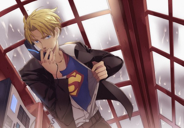 Anime picture 1200x834 with axis powers hetalia superman studio deen america (hetalia) superman (character) mimosa single short hair blue eyes blonde hair rain undressing cosplay parody boy shirt pants blazer phone phone booth