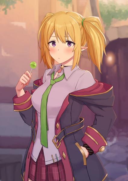 Anime picture 1290x1821 with princess connect! re:dive princess connect! chloe (princess connect!) go-m single tall image looking at viewer blush fringe short hair breasts blonde hair hair between eyes large breasts standing purple eyes twintails holding payot long sleeves