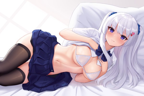 Anime picture 6000x4000 with original allenes single long hair looking at viewer blush fringe highres breasts blue eyes light erotic smile large breasts signed absurdres silver hair lying blunt bangs pleated skirt multicolored hair