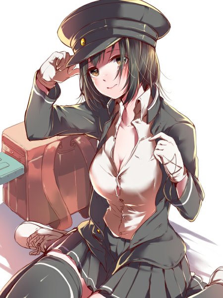 Anime picture 600x800 with kantai collection akitsumaru dock landing ship mataichi matarou single tall image looking at viewer blush fringe short hair black hair simple background sitting brown eyes cleavage head tilt pleated skirt wariza partially open clothes adjusting clothes girl