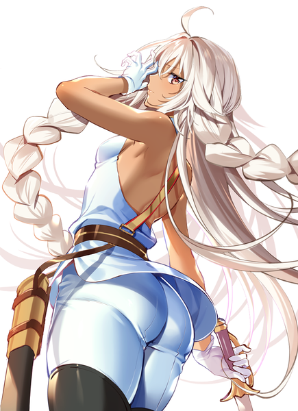 Anime picture 870x1200 with fate (series) fate/grand order lakshmibai (fate/grand order) murakami yuichi single long hair tall image looking at viewer blush fringe breasts light erotic simple background hair between eyes red eyes standing white background holding ahoge white hair