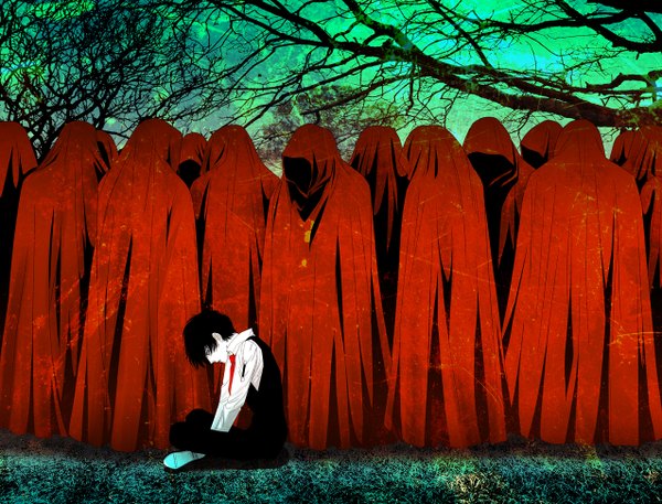 Anime picture 1276x974 with hellsing walter c. dornez solid&etc short hair black hair sitting black eyes looking down group bare tree no face boy plant (plants) shirt tree (trees) necktie white shirt hood mantle crowd