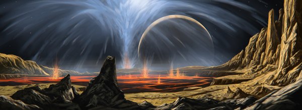 Anime picture 1424x524 with original justinas vitkus wide image landscape space lava planet