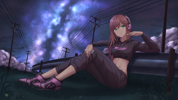 Anime picture 3840x2160 with original marinesnow single long hair looking at viewer blush fringe highres smile hair between eyes brown hair wide image sitting holding green eyes absurdres full body outdoors long sleeves head tilt