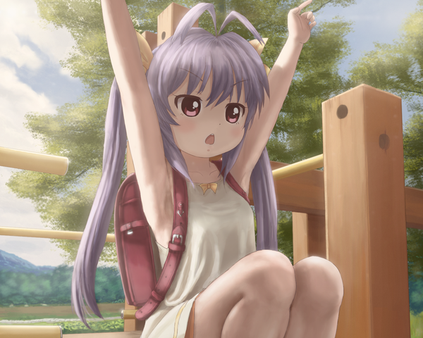 Anime picture 1500x1200 with non non biyori silver link miyauchi renge novcel single long hair blush fringe open mouth red eyes sky cloud (clouds) ahoge bent knee (knees) grey hair arms up armpit (armpits) loli mountain cropped