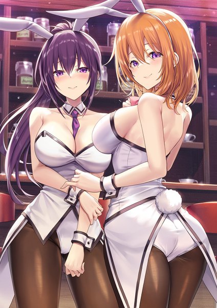 Anime picture 992x1403 with gochuumon wa usagi desu ka? white fox hoto cocoa tedeza rize ks long hair tall image looking at viewer blush fringe short hair breasts light erotic smile large breasts purple eyes bare shoulders multiple girls animal ears payot