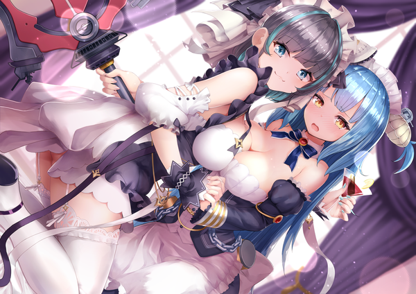 Anime picture 2047x1447 with azur lane cheshire (azur lane) neptune (azur lane) rin2008 long hair looking at viewer blush fringe highres short hair breasts open mouth blue eyes light erotic black hair large breasts bare shoulders multiple girls brown eyes blue hair