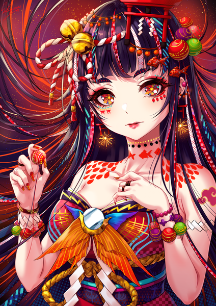 Anime-Bild 1400x1980 mit original sakiyamama single tall image looking at viewer fringe breasts black hair simple background red eyes holding signed payot cleavage upper body blunt bangs very long hair nail polish parted lips head tilt